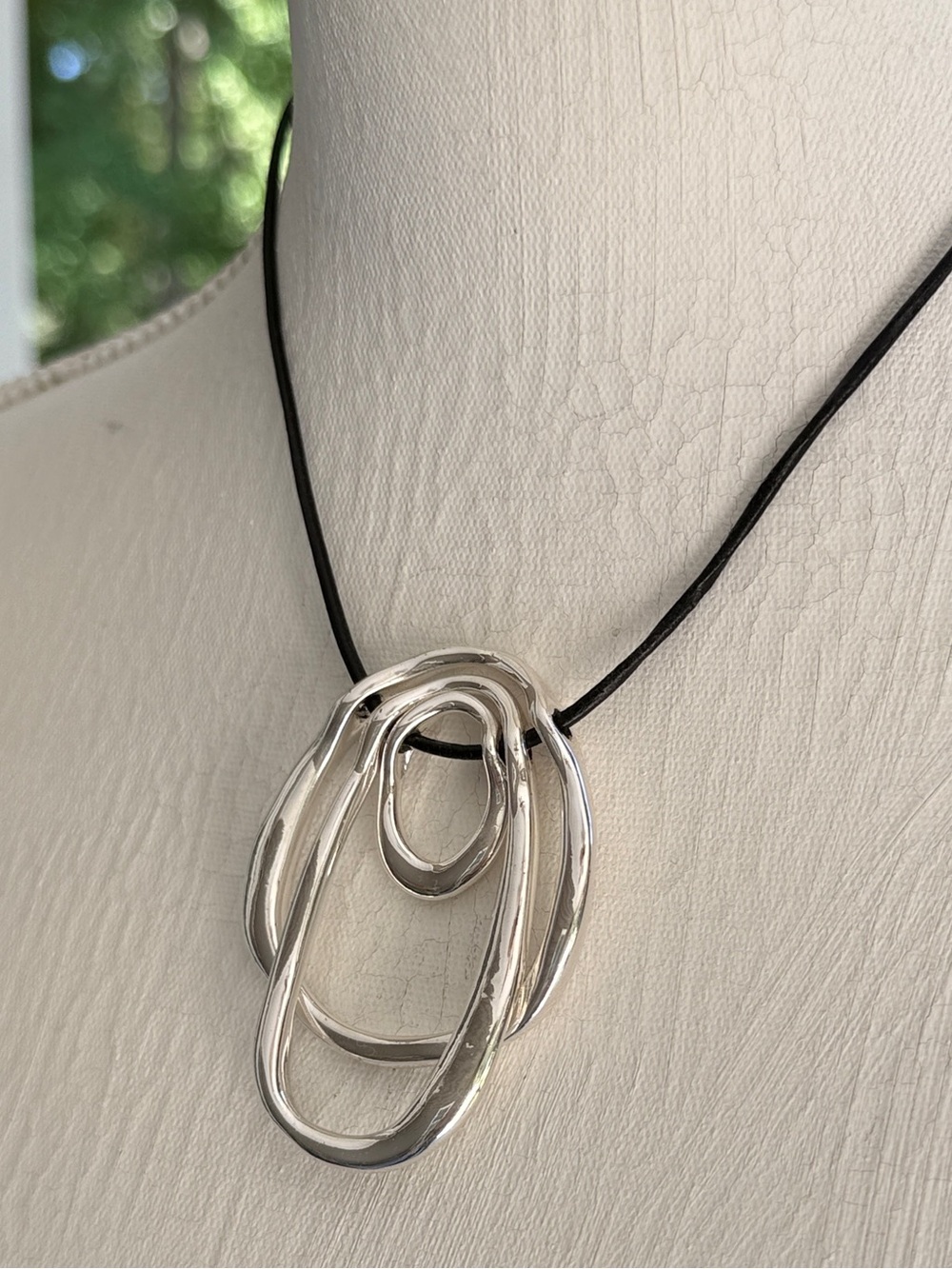 Chicos Silver Linked Oval Pendant Necklace on Black Cord